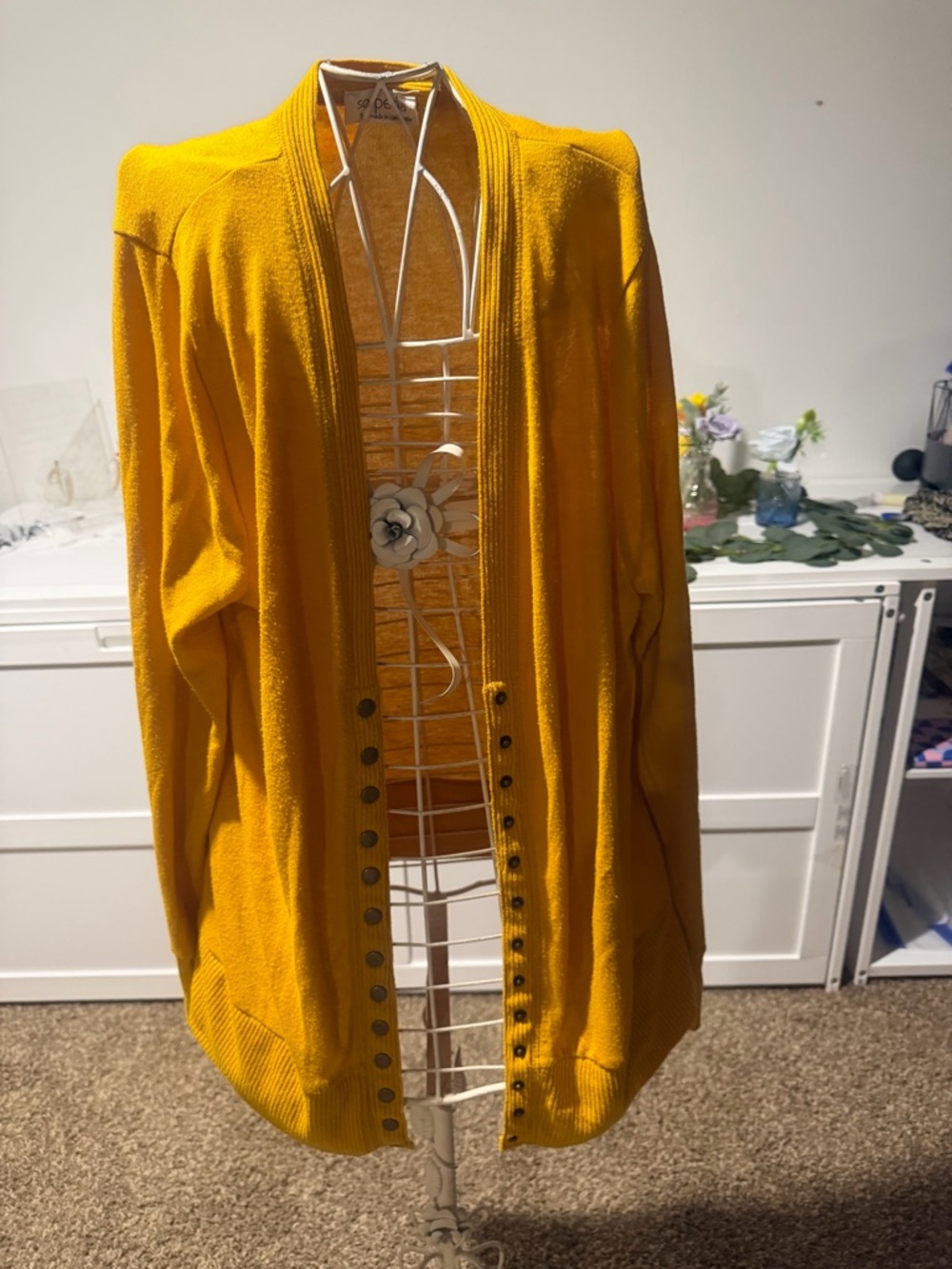 Women's Mustard Yellow Open-Front Button-Accent Cardigan